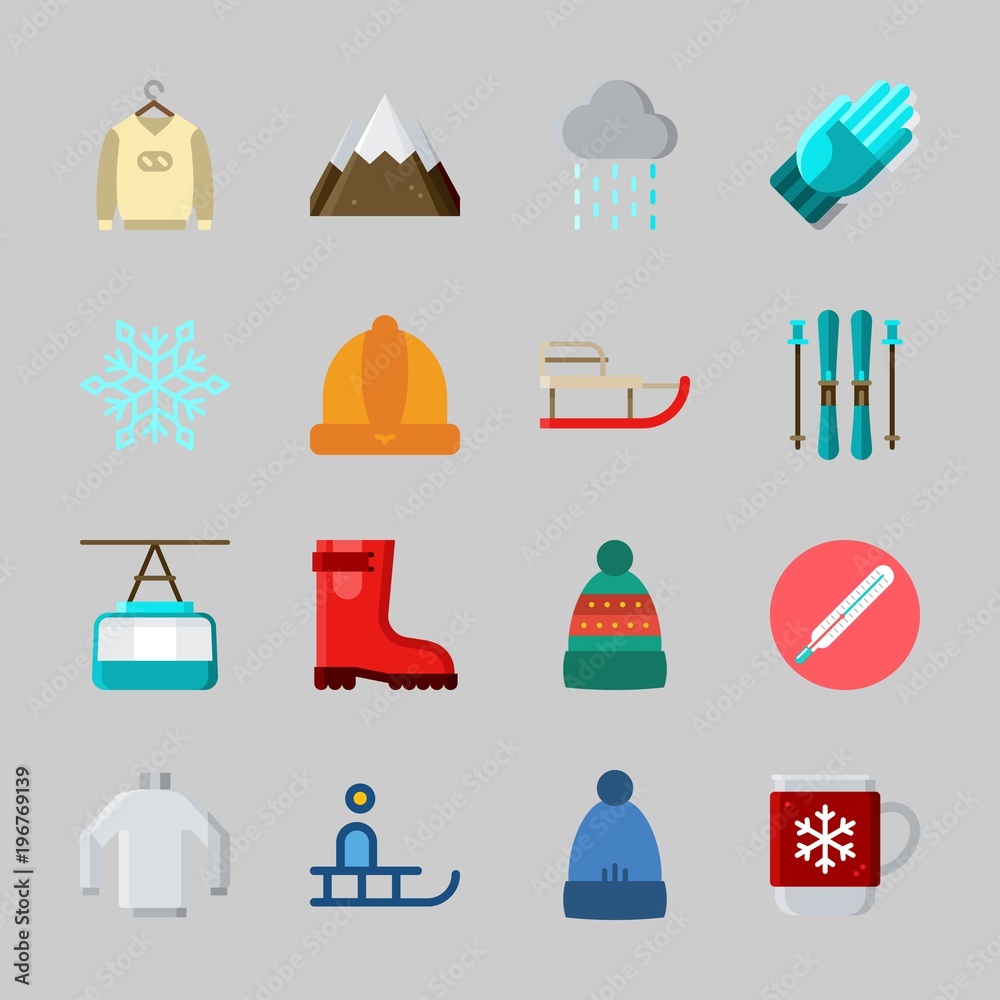 Icons about Winter with snowflake, hot drink, cable car cabin, ski, rain boot and winter hat Icons about Winter with snowflake, hot drink, cable car cabin, ski, rain boot and winter hat