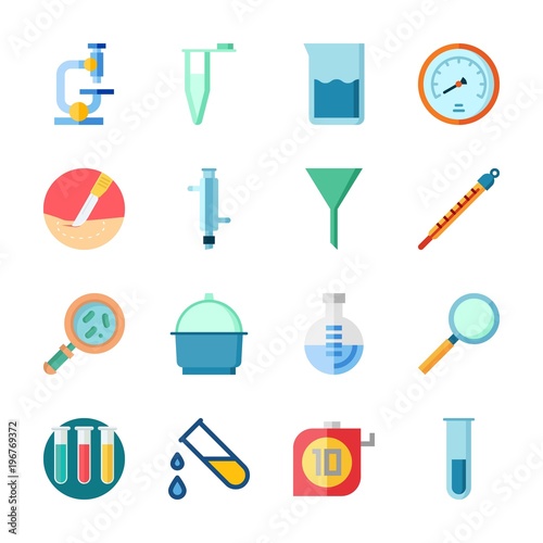 icon Laboratory with test tube, measuring, dropping liquid, beaker and funnel