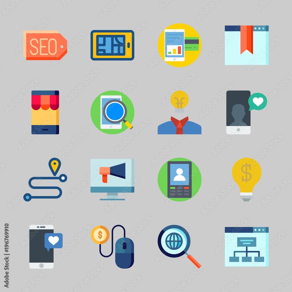 Icons about Seo with route, smartphone, screen, pay per click, site map and discover