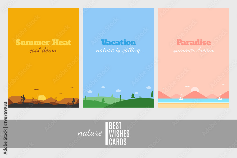 Set of three vector cards templates. Wild nature. Vacation, nature, summer.