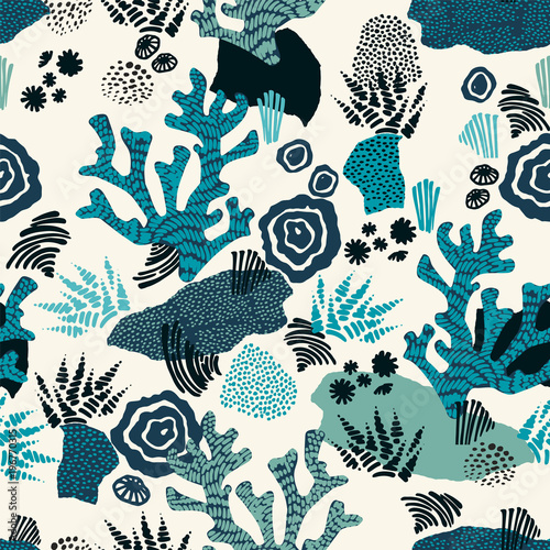 Vector sea seamless pattern with hand drawn textures.