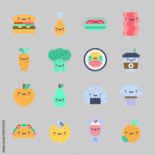 Icons about Food with watermelon, milkshake, orange, broccoli, pear and coffee cup