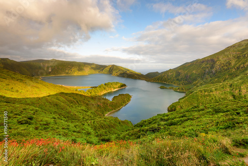 Fototapeta Naklejka Na Ścianę i Meble -  Panoramic landscape from Azores lagoons. The Azores archipelago has volcanic origin and the island of São Miguel has many lakes formed in craters of ancient volcanoes. 