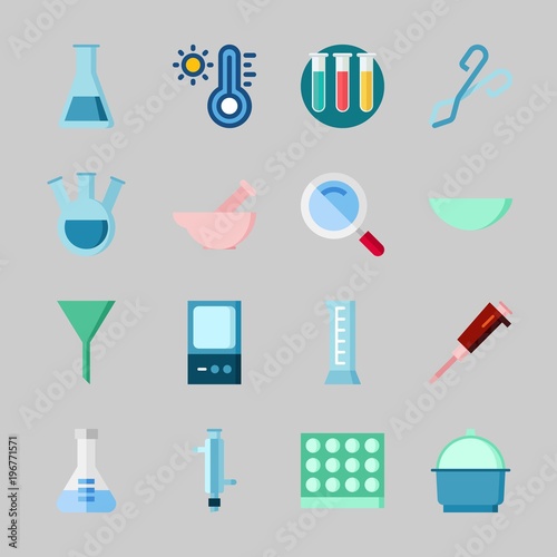 Icons about Laboratory with tube, watch glass, flask, condenser, loupe and lab
