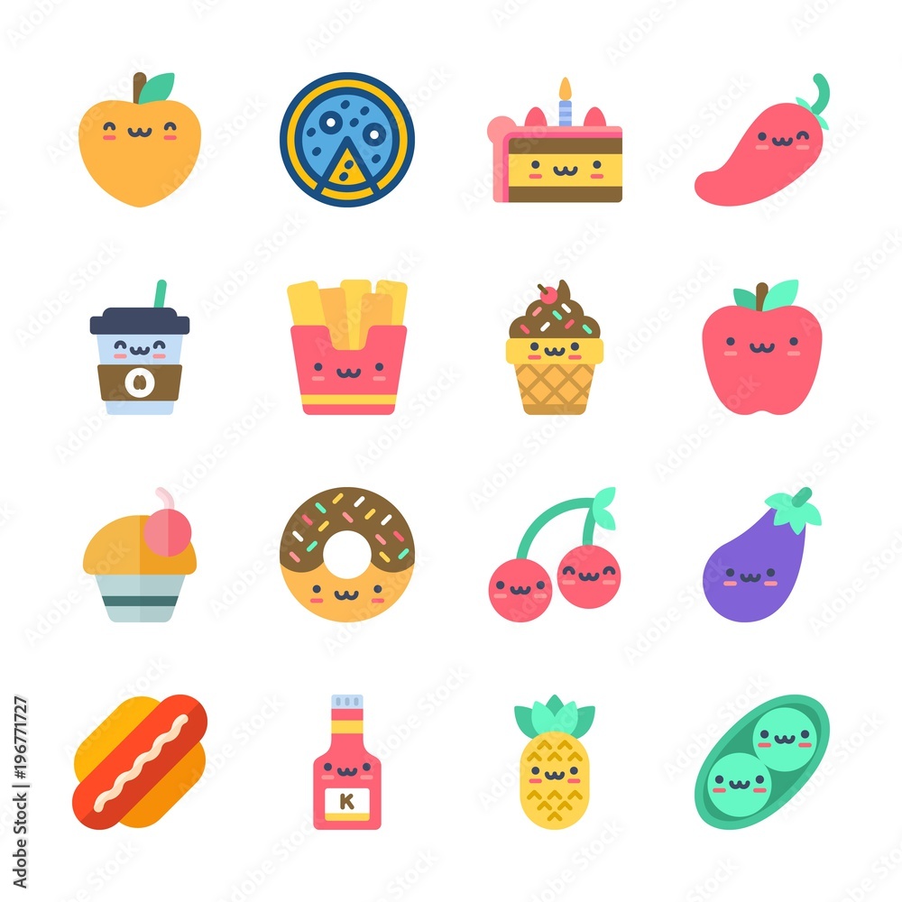 icon Food with cherry, peach, cake, cupcake and donut