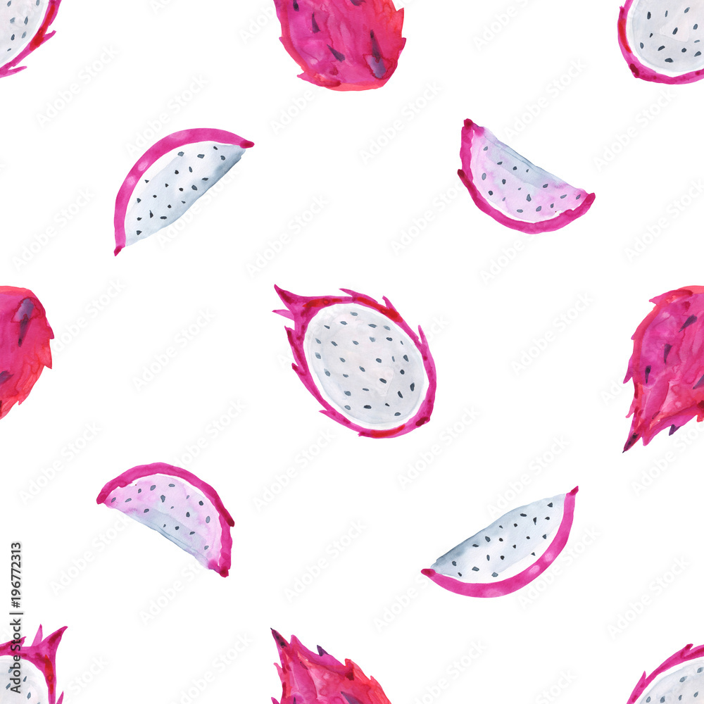 Watercolor pitaya. Hand painted seamless pattern with exotic fruits. Seamless background