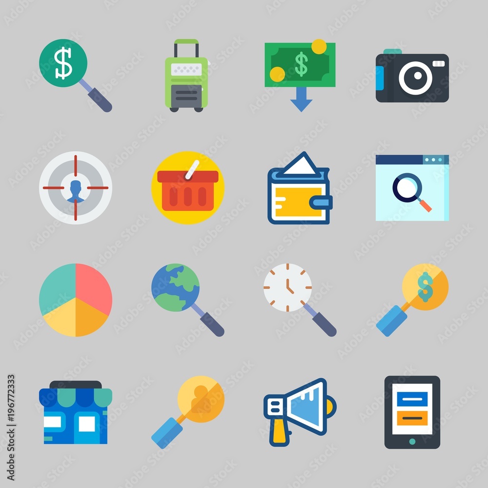 Icons about Commerce with tablet, money, photo camera, wallet, suitcase and megaphone