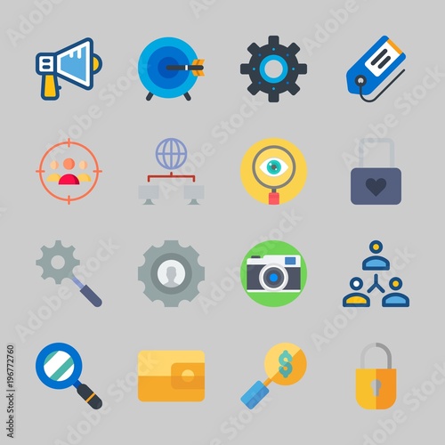 Icons about Commerce with target, tag, wallet, photo camera, megaphone and search