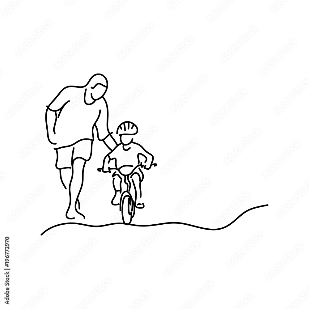 minimalist father teaching his daughter with safety helmet to ride a bicycle vector illustration sketch hand drawn with black lines isolated on white background. Copyspace for text.