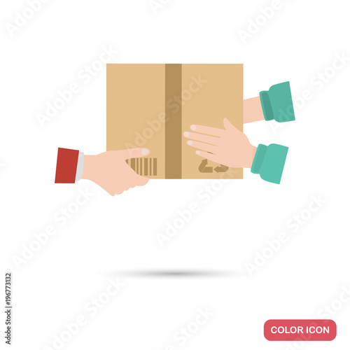 The courier gives the parcel, and the receiver takes it color flat icon