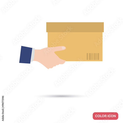 The hand of the courier gives the parcel color flat icon