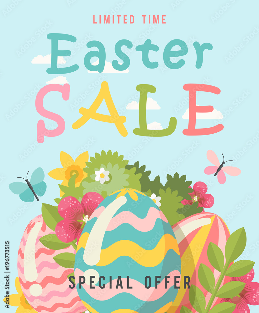 Easter sale special offer poster with eggs and spring flowers. Modern template with pastel colors.