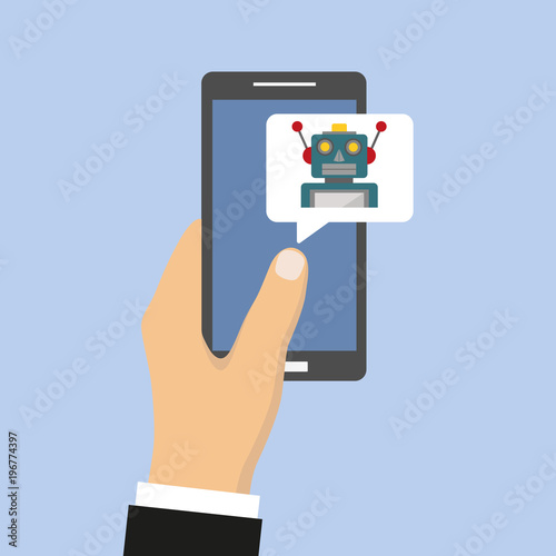 Mobile chat bot concept. Cute cartoon robot on the smart phone's screen / Editable flat vector illustration on a blue background