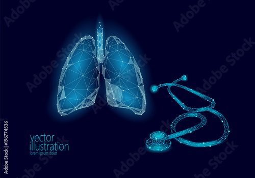 Medicine stethoscope low poly lungs health care World Tuberculosis Day. Polygonal 3D model medical asthma science research doctor nurse equipment vector illustration