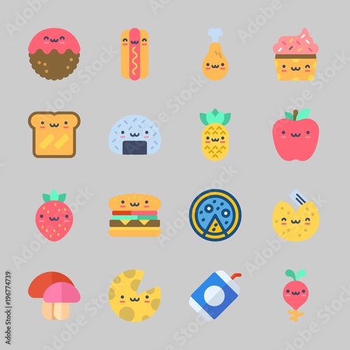 Icons about Food with cheese, meatball, pizza, chicken leg, apple and hamburger © Orxan