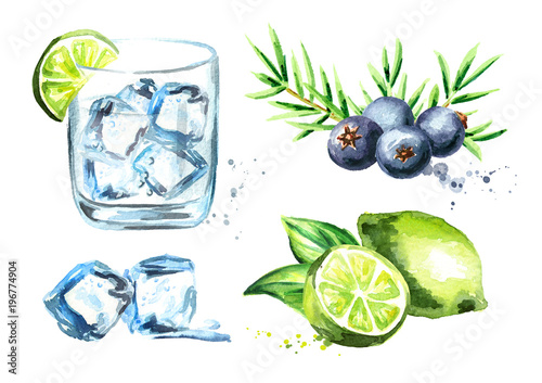 Gin tonik set with ice cubes, lime and juniper berries. Watercolor hand drawn illustration isolated on white background