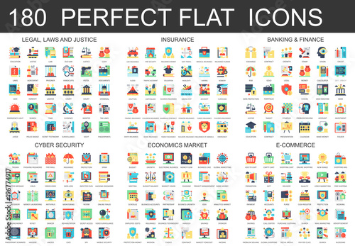 180 vector complex flat icons concept symbols of legal, laws and justice, insurance, banking finance, cyber security, economics market, e-commerce. Web infographic icon design.