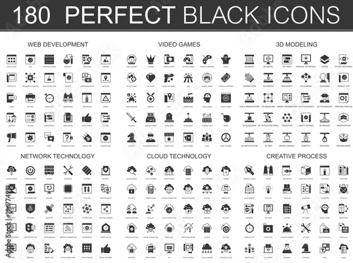 web development, video games, 3d modeling, network technology, cloud data technology, creative process black classic icon set.