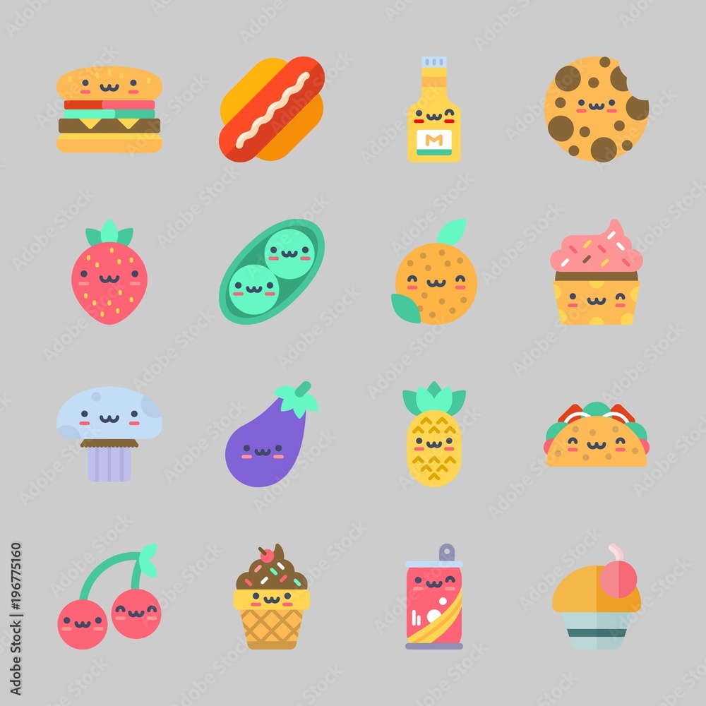 Icons about Food with mushroom, cherry, taco, pineapple, pea and mustard