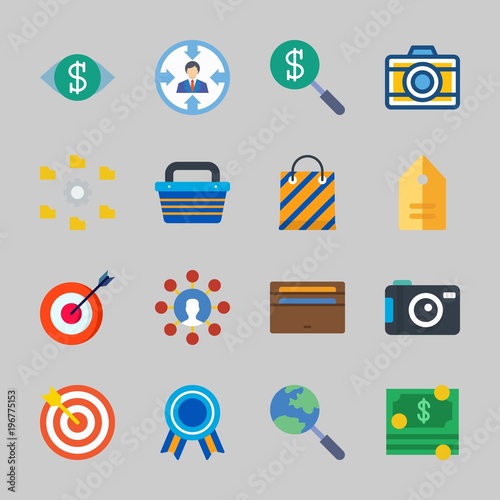 Icons about Commerce with quality, tag, money, shopping bag, target and search