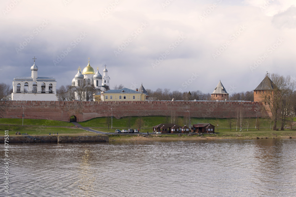 View of the Novgorod Kremlin on a cloudy April day. Veliky Novgorod, Russia