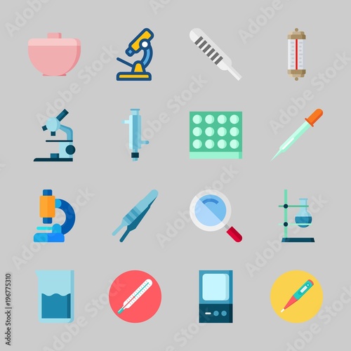 Icons about Laboratory with dropper, flask, laboratory, thermometer, loupe and lab