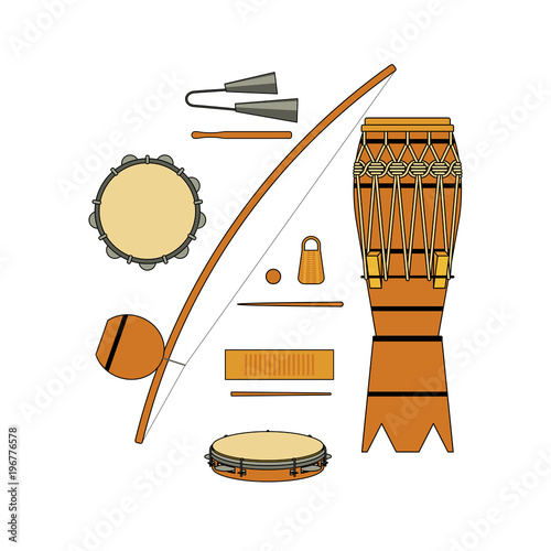 Set of isolated colorful brazilian musical instrument for bateria of capoeira on white background. Colorful collection of instruments: atabaque, agogo, pandeiro, reco-reco, berimbau.