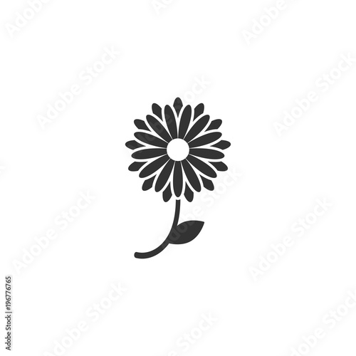 Black flat icon of chrysanthemum flower with curved sprig and leaf. Big Bloom with big oval petals and white core.