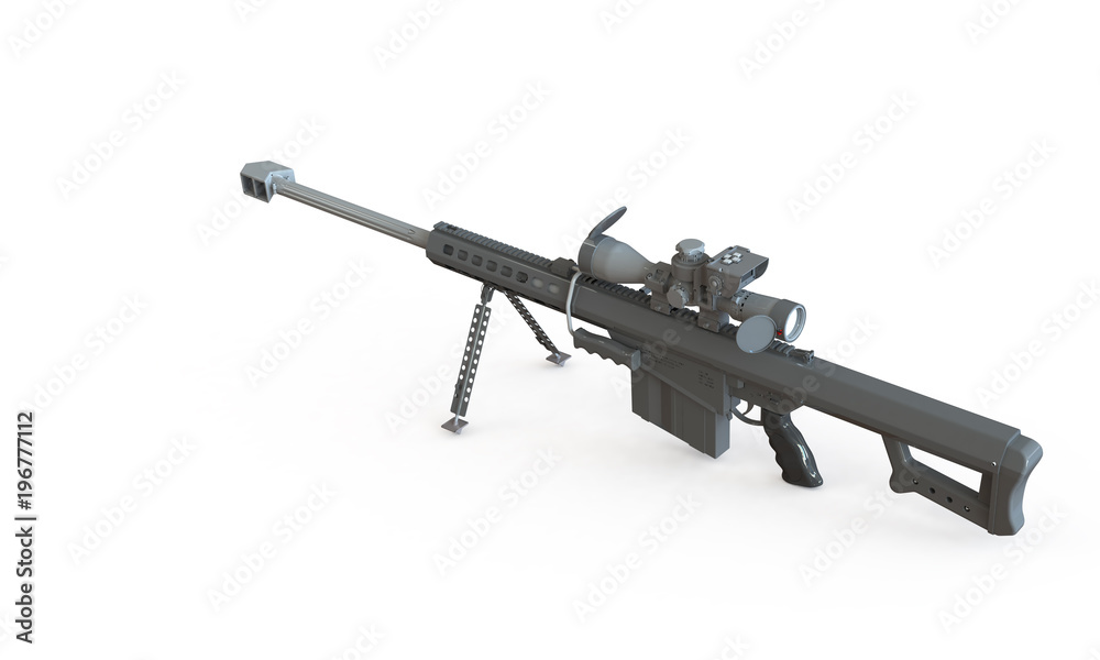 sniper rifle isolated on white. With telescopic scope standing on a  flat surface. The Rifle is load and ready to fire