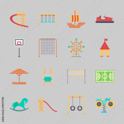 Icons about Amusement Park with sunshade, soccer field, basketball, sailing boat, carousel and amusement park