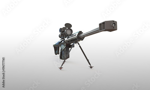 sniper rifle isolated on white. With telescopic scope standing on a flat surface. The Rifle is load and ready to fire
