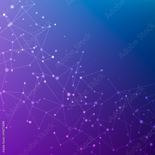Connection structure. Particles in space. Abstract polygonal space low poly dark blue and purple background with connecting dots and lines. Vector illustration
