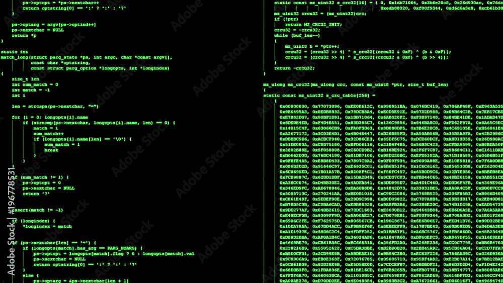 A 4K animation of two classic terminal screens, showing public domain source code projects running or scrolling down, green on black.
