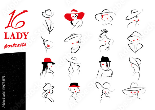 Vector artistic hand drawn stylish young lady portrait set isolated on white background. Fashion girl model icon. Woman in hat. Beauty illustration, logo design. Fashion poster, placard, banner.