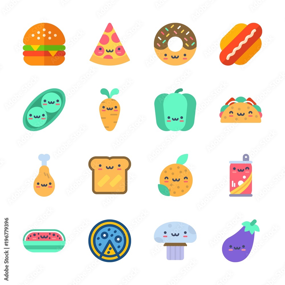 Fototapeta premium icon Food with taco, watermelon, mushroom, donut and pizza