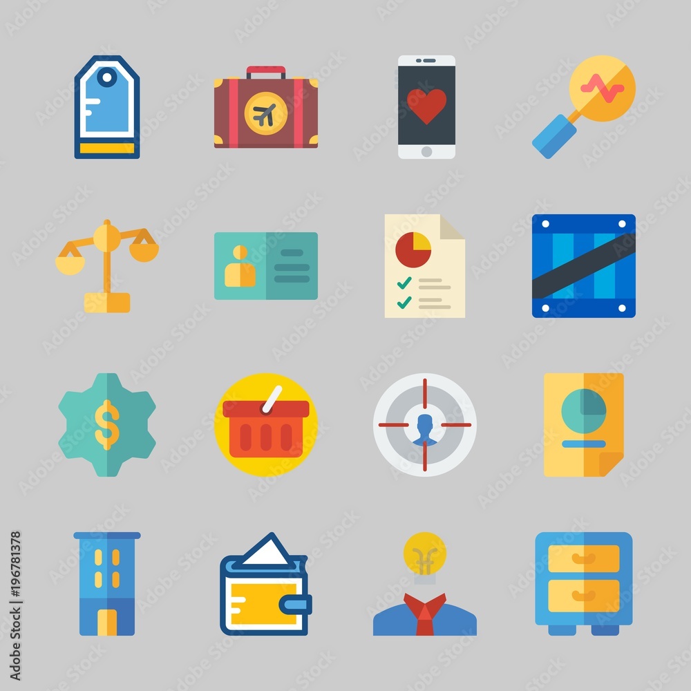 Icons about Business with shopping basket, smartphone, gear, target, idea and box