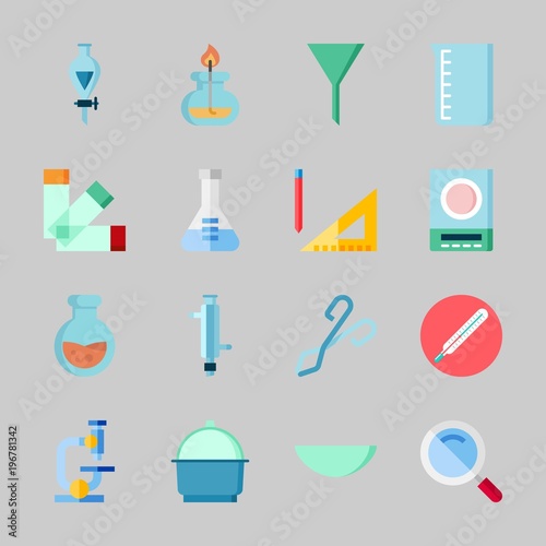 Icons about Laboratory with measuring, beaker, flask, condenser, funnel and watch glass