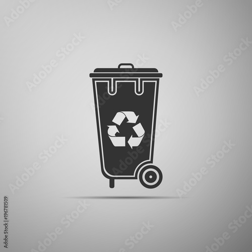 Recycle bin with recycle symbol icon isolated on grey background. Trash can icon. Flat design. Vector Illustration