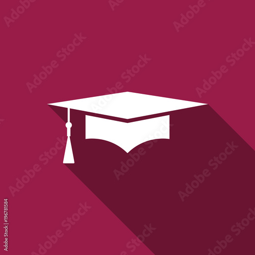 Graduation cap icon isolated with long shadow. Graduation hat with tassel icon. Flat design. Vector Illustration