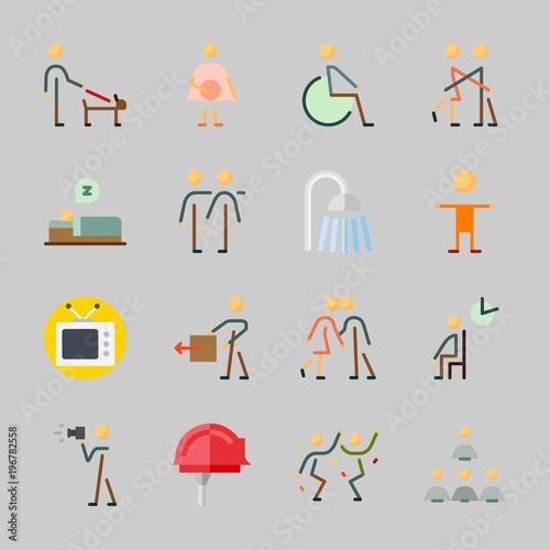 Icons about Human with humans, disable, television, sleeping, shower and friends