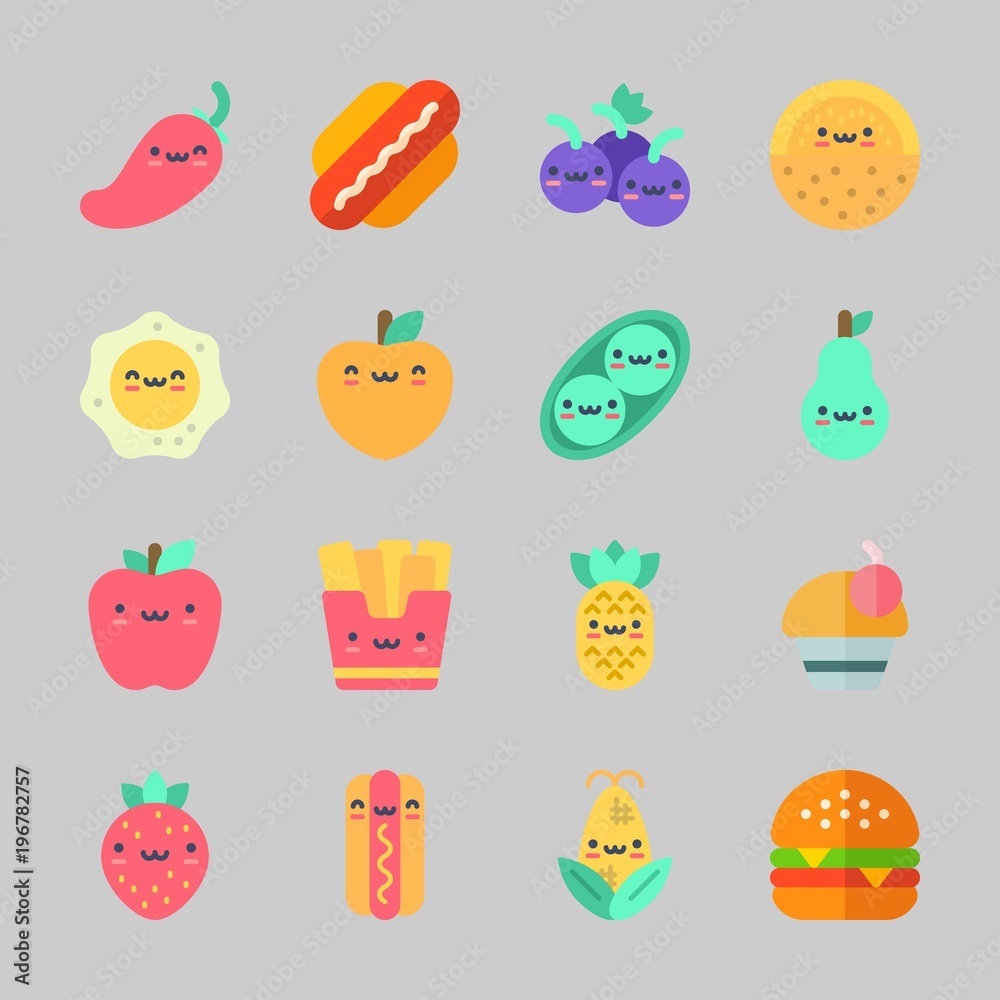 Icons about Food with hamburger, hot dog, peach, grapes, pineapple and fried egg