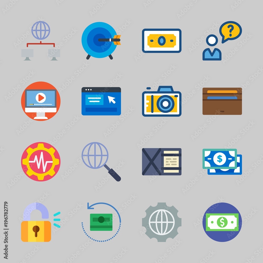 Icons about Commerce with video player, target, padlock, settings, online shop and search Icons about Commerce with video player, target, padlock, settings, online shop and search