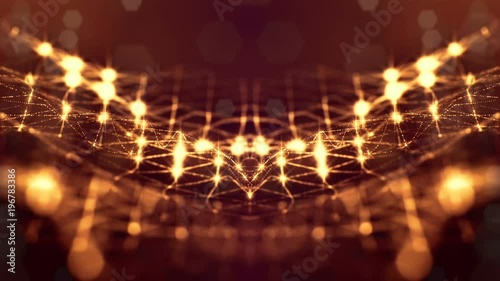 3d rendering background with particles and depth of field. Loop animation, seamless footage. Dark digital abstract background with beautiful glowing particles. Gold color V39 photo