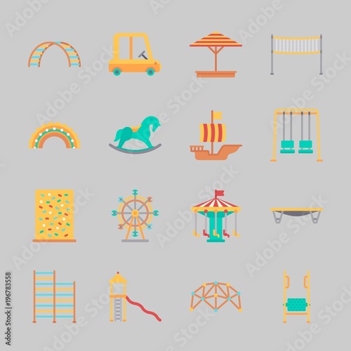 Icons about Amusement Park with swing , toy car, fun, ferris wheel, swings and carousel