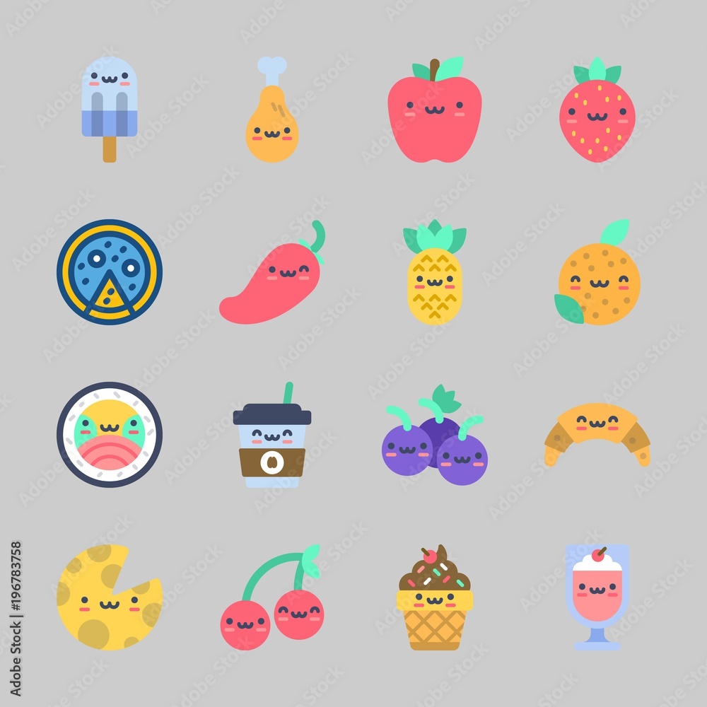 Icons about Food with coffee cup, apple, croissant, cherry, cheese and popsicle