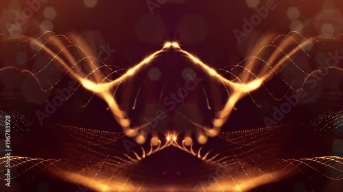 3d rendering background with particles and depth of field. Loop animation, seamless footage. Dark digital abstract background with beautiful glowing particles. Gold color V41 photo