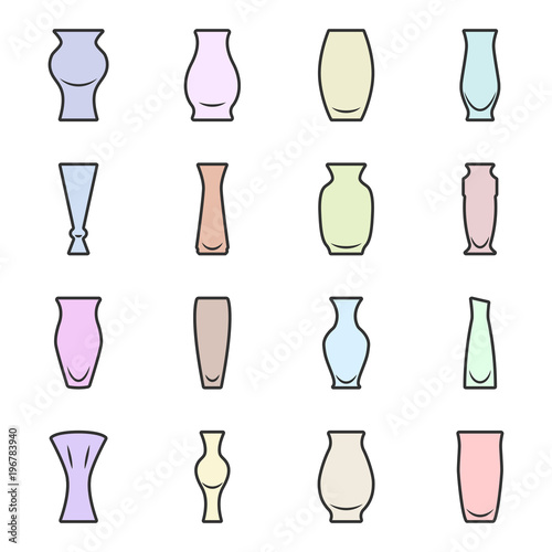 Set of colored icons - vases for flowers on a white background. Vector.