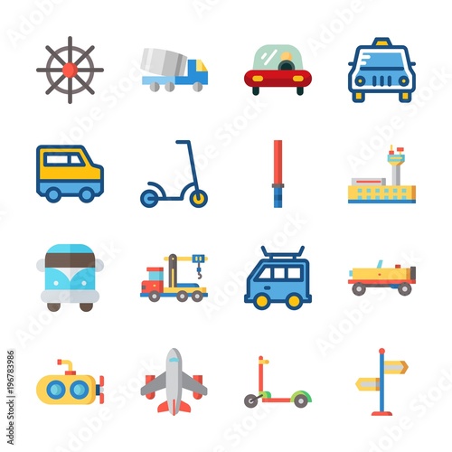 icon Transportation with truck, scooter, airplane, airport and car