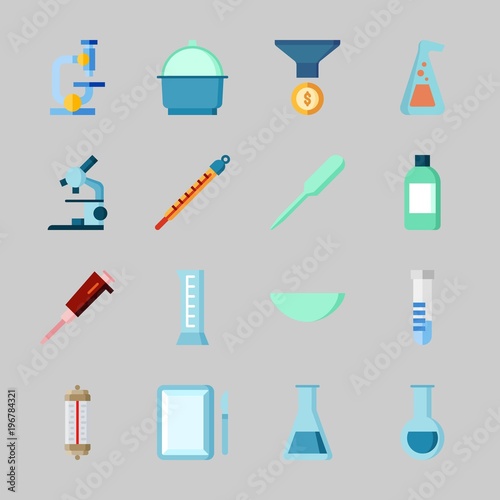 Icons about Laboratory with funnel, microscope, crucible, watch glass, cylinder and jar