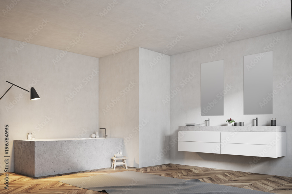 Fototapeta premium White bathroom, angular tub and sink, side view